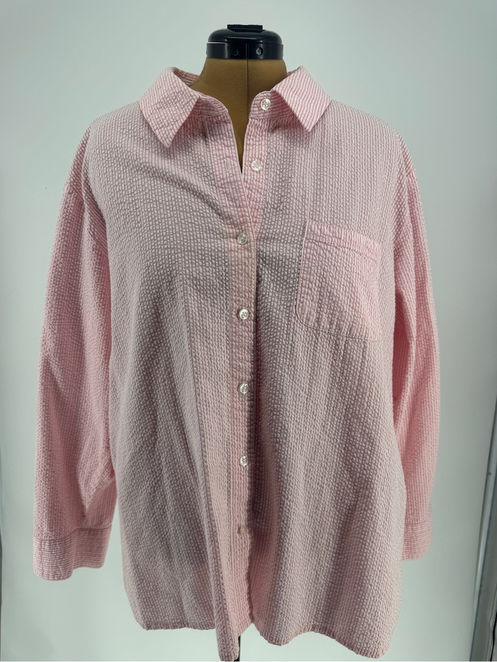 Pink Seersucker Button-Down Tunic - Women’s Long Sleeve 0043
